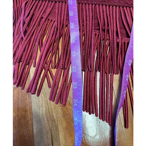 Deep Red Shimmer High Collar Sheer Sleeve Fringe Hem Dress Size M - Picture 11 of 12